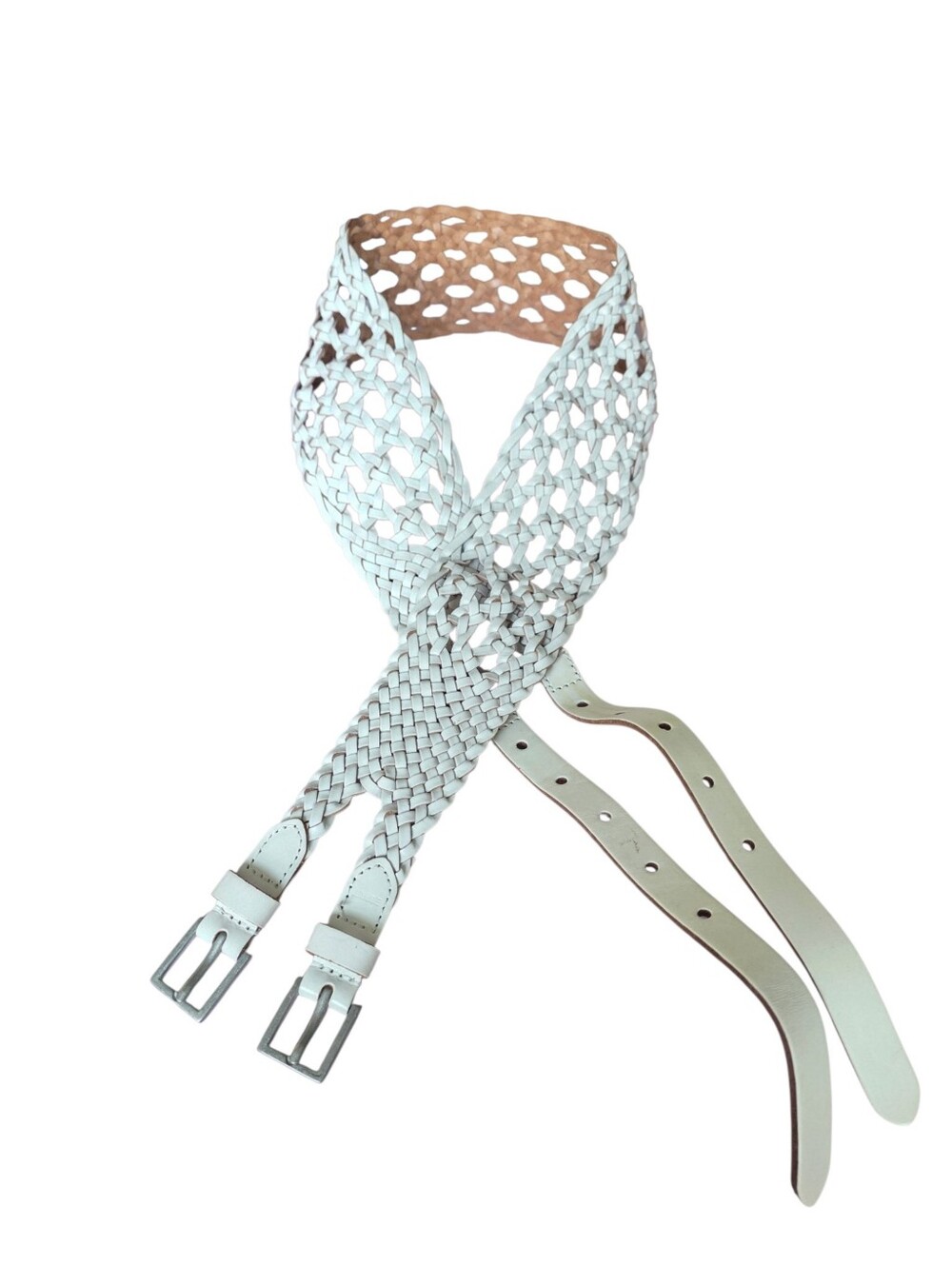 Woven Leather Belt in White Double Buckle Wide Belt - Women Accessories